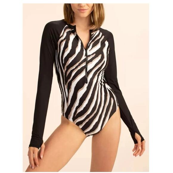 Trina Turk Vivant Black Stripe 1/2 Zip Long Sleeve Paddle Suit Rash Guard Med - Picture 1 of 12